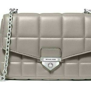 MICHAEL KORS SOHO LARGE PEARL GRAY SILVER QUILTED LEATHER CROSSBODY BAG NWT!